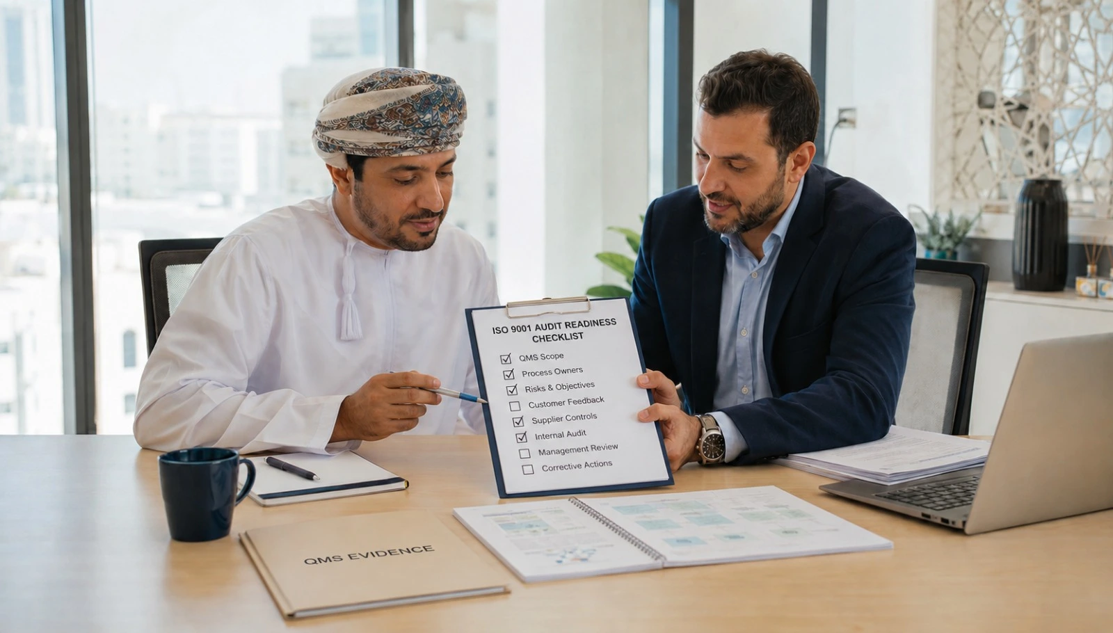 Two business professionals in Oman reviewing an ISO 9001 audit readiness checklist on a clipboard, representing QMS evidence and audit preparation for SMEs
